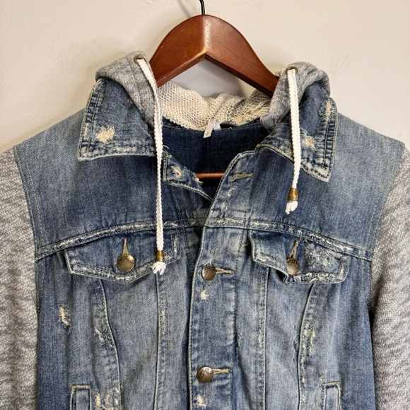 Free People Denim/Knit Hoodie Jacket Distressed Size Small - Picture 4 of 16